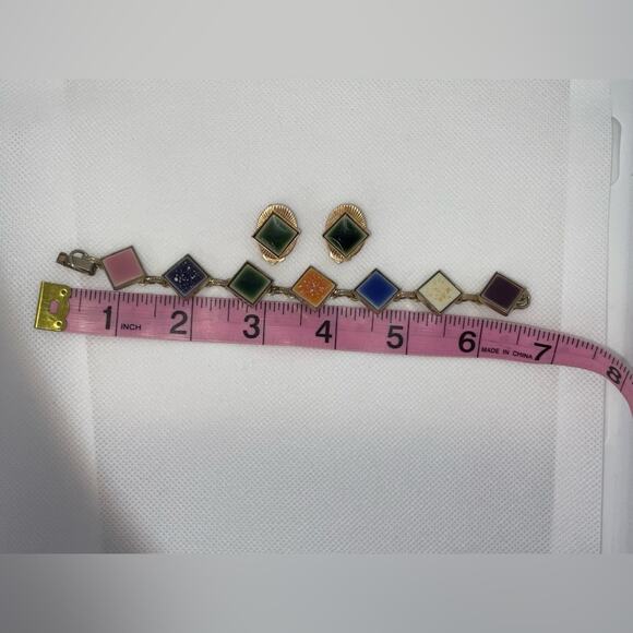 VTG 1960S SILVER TONE PINK PURPLE WHITE BLUE TILE BRACELET GOLD TILE EARRINGS - Picture 4 of 4
